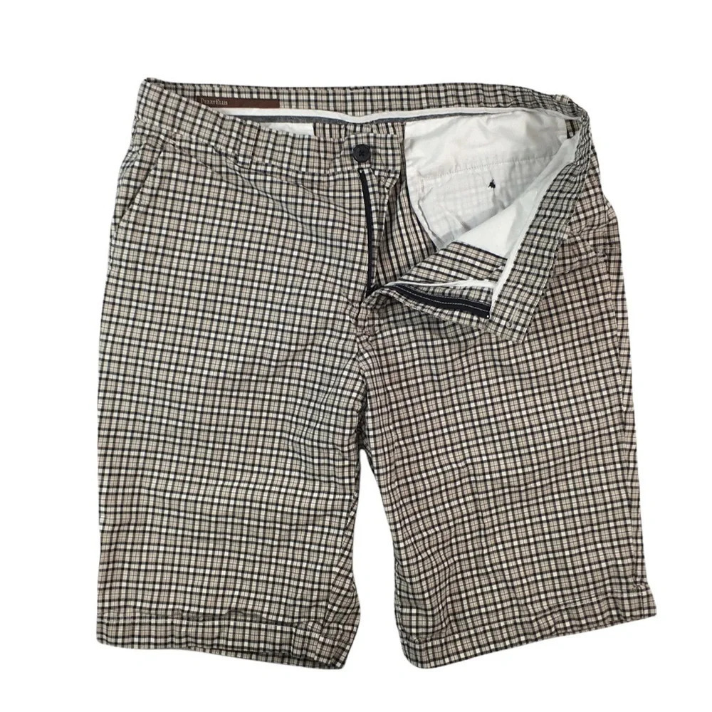 SH484 Mens PERRY ELLIS Designer Plaid Preppy Plaid Flat Front Shorts 34